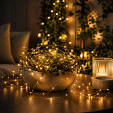 Decorative setup with fairy lights, plant, and candle on a table.