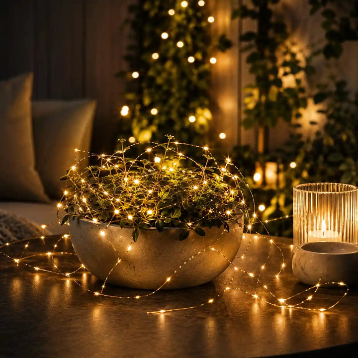 Decorative setup with fairy lights, plant, and candle on a table.