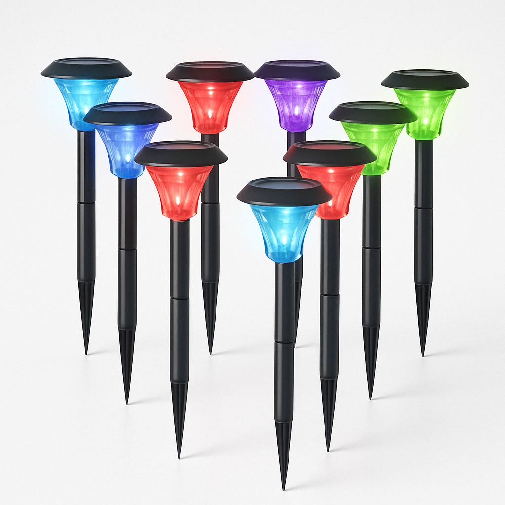 Halo-Black_Post_Lights Halo Black Solar Garden Stake Lights β Set of 8 with Colour-Changing LED - Image 1
