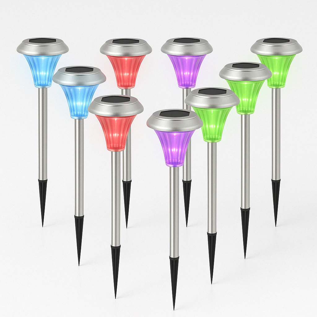 Halo-Silver_Post_Lights Halo Silver Solar Garden Stake Lights – Set of 8 with Colour-Changing LED - Image 1